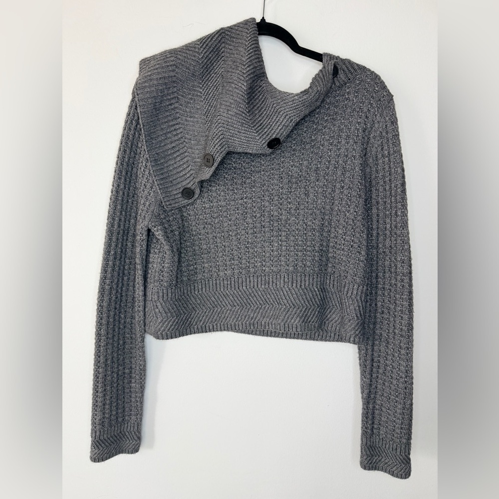Chic Grey Asymmetrical Button Sweater – Size M – Chic Statement Knit